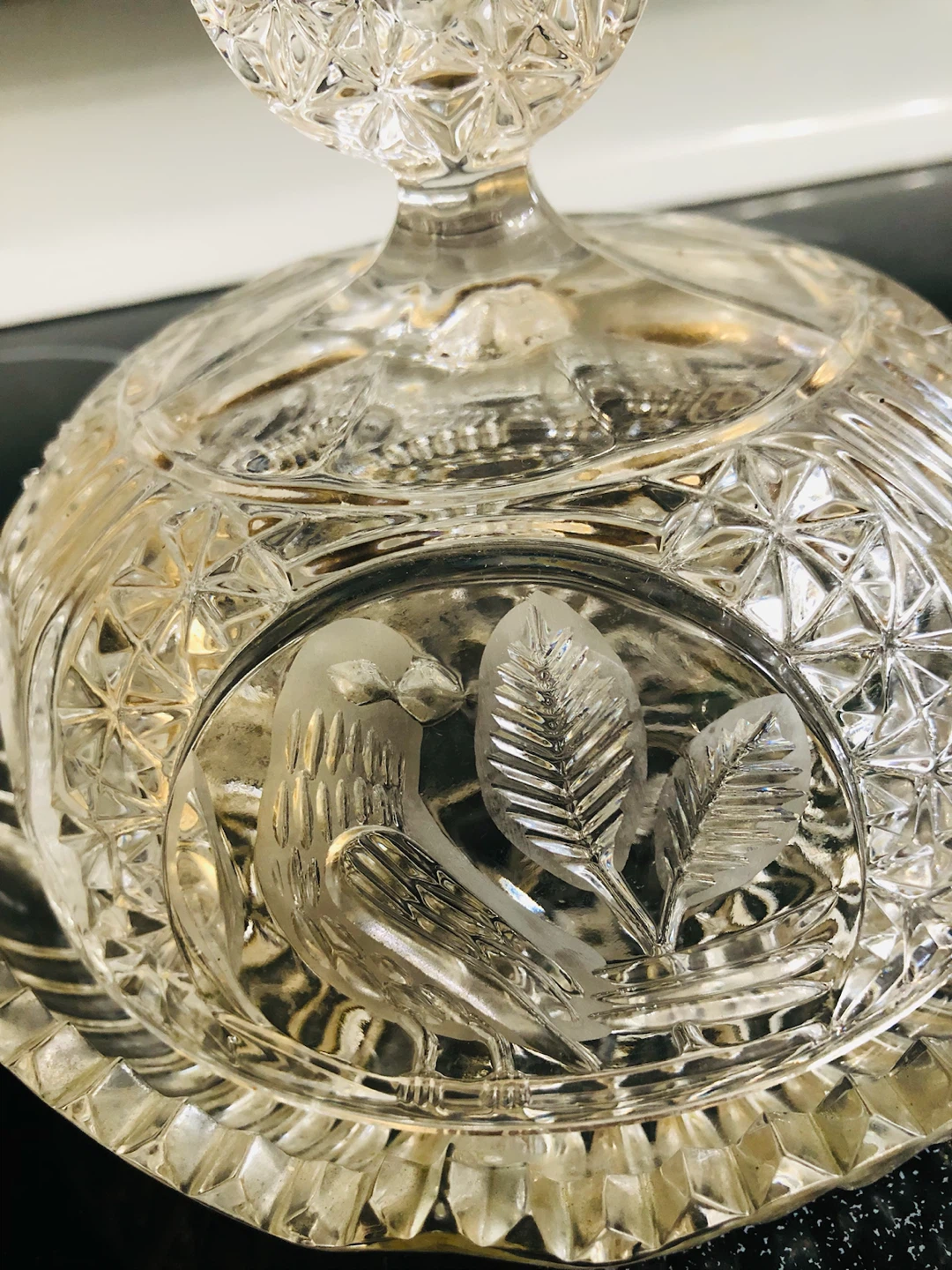Vintage Glass Butter Dish with Bird and Leaf Etching - photo 3