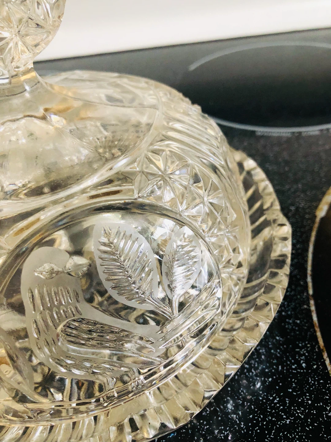 Vintage Glass Butter Dish with Bird and Leaf Etching - photo 4