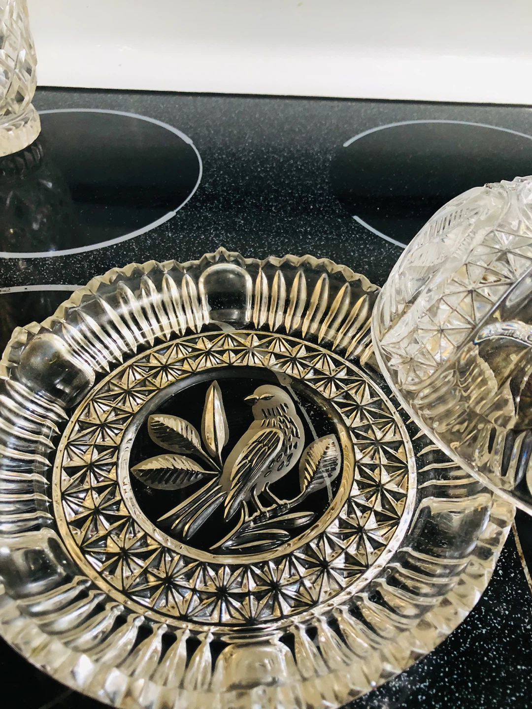 Vintage Glass Butter Dish with Bird and Leaf Etching - photo 5