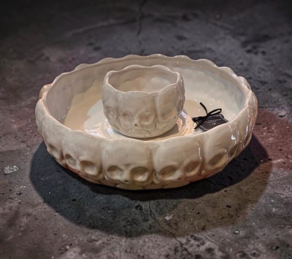 Halloween Skull Chip & Dip Ceramic Tray Gothic 12” NIB