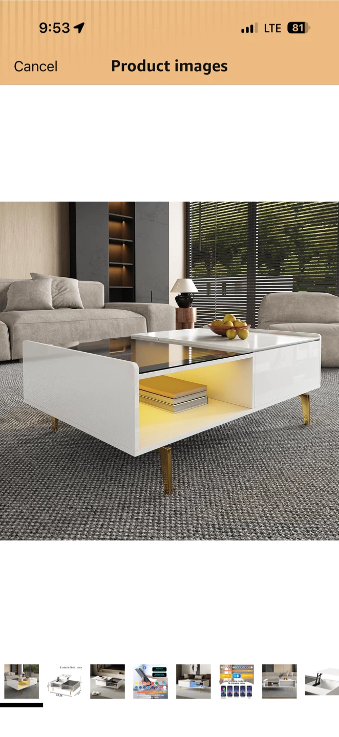 White Lift Top Coffee Table with LED Lights