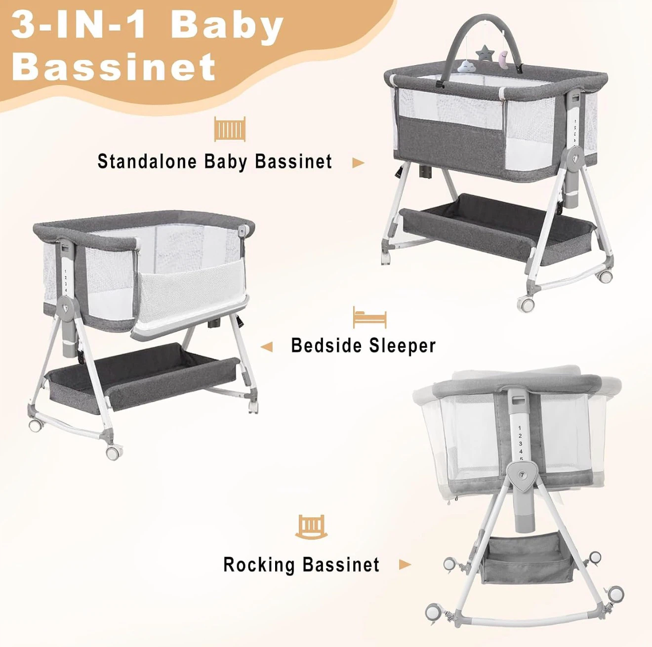 3-IN-1 Baby Bassinet - Bedside Sleeper & Rocking Bassinet - photo 2