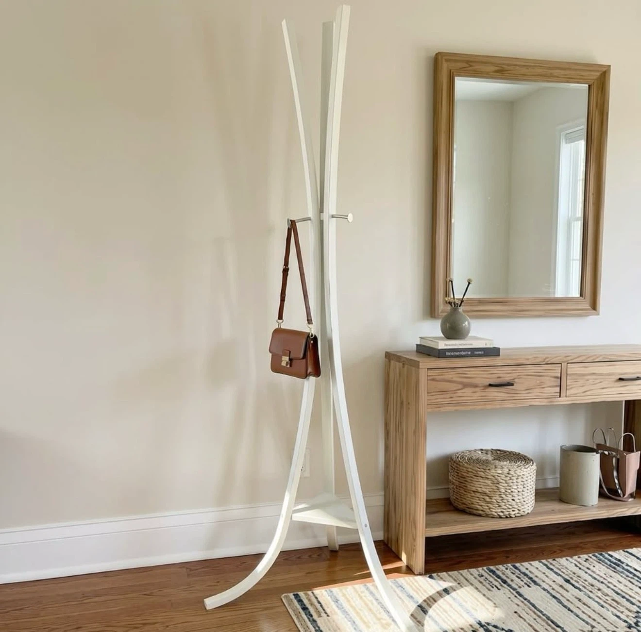 White 3-Leg Coat Rack - wood with metal hooks