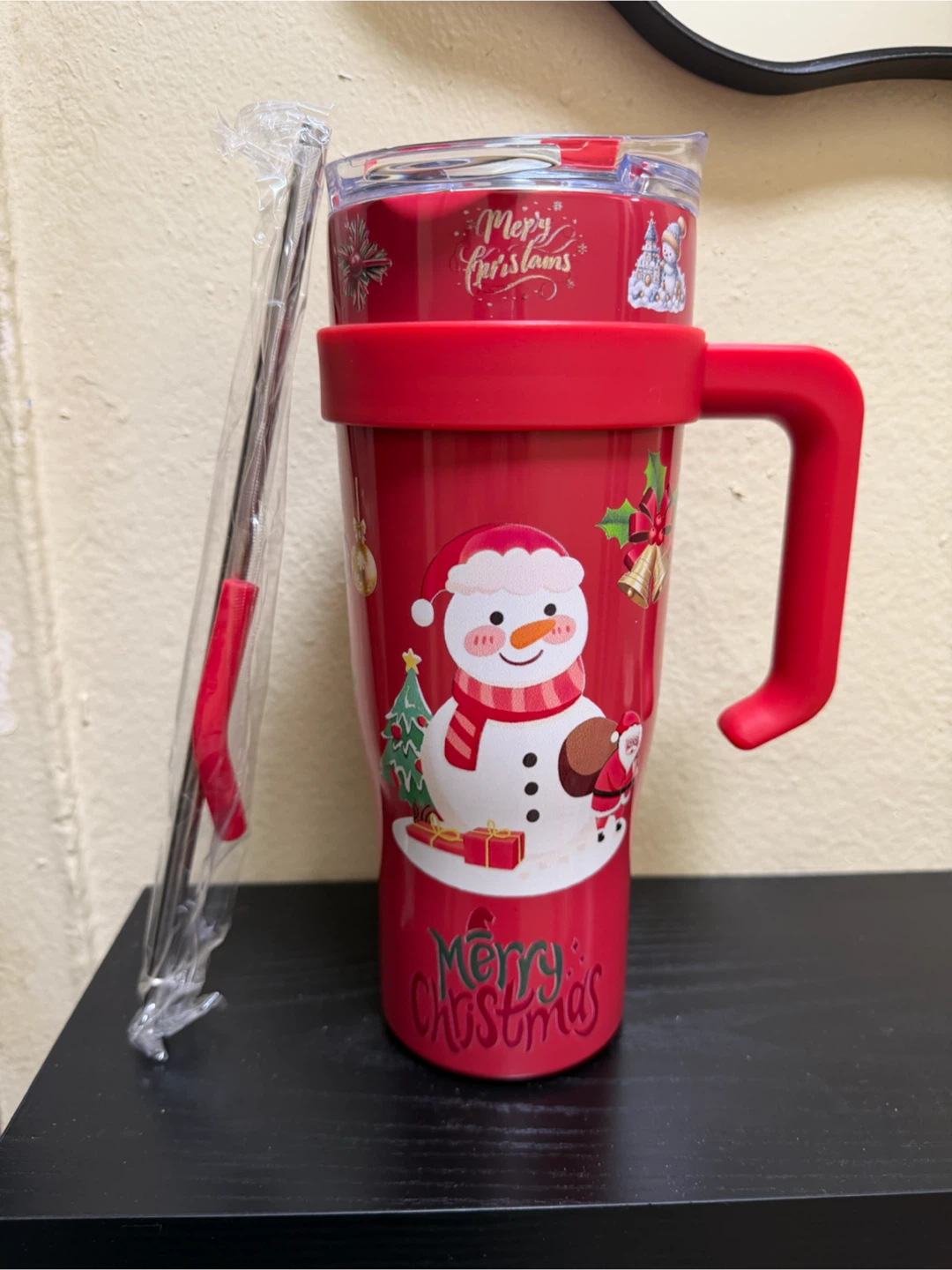 Red Snowman Coffee Tumbler with Handle and Straw - photo 2