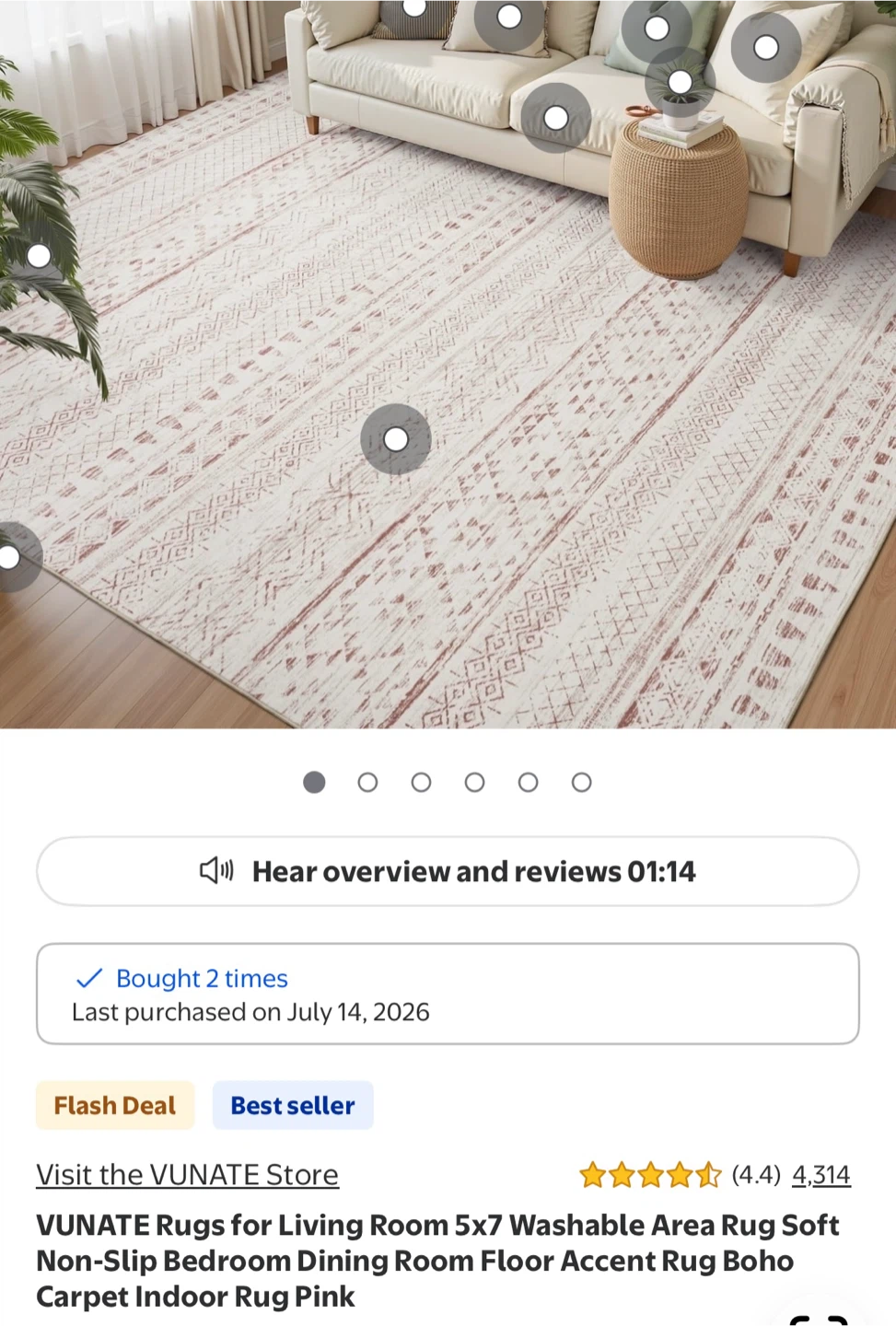 VUNATE 5x7 Area Rug - Washable Boho Pink Accent Rug - photo 2