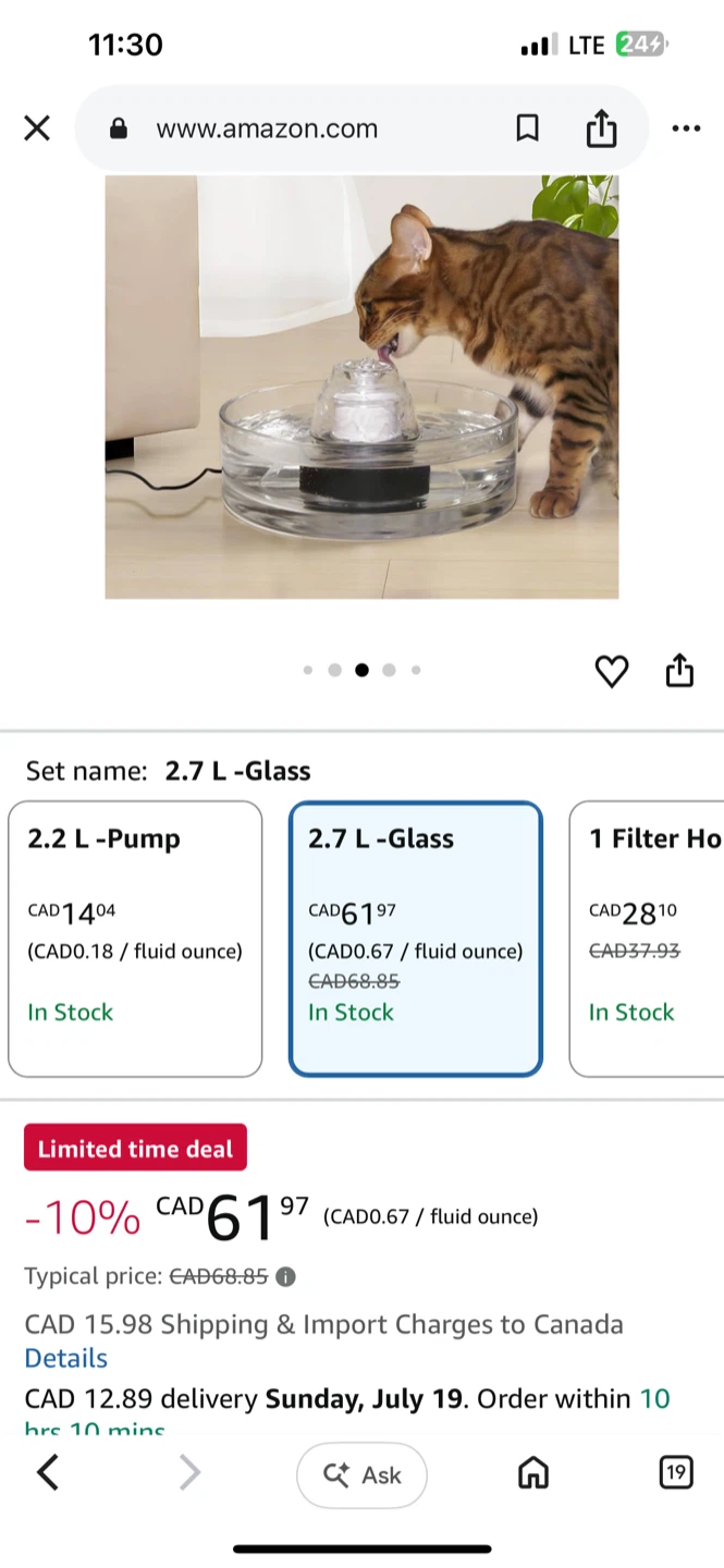 2.7 L Glass Pet Water Fountain