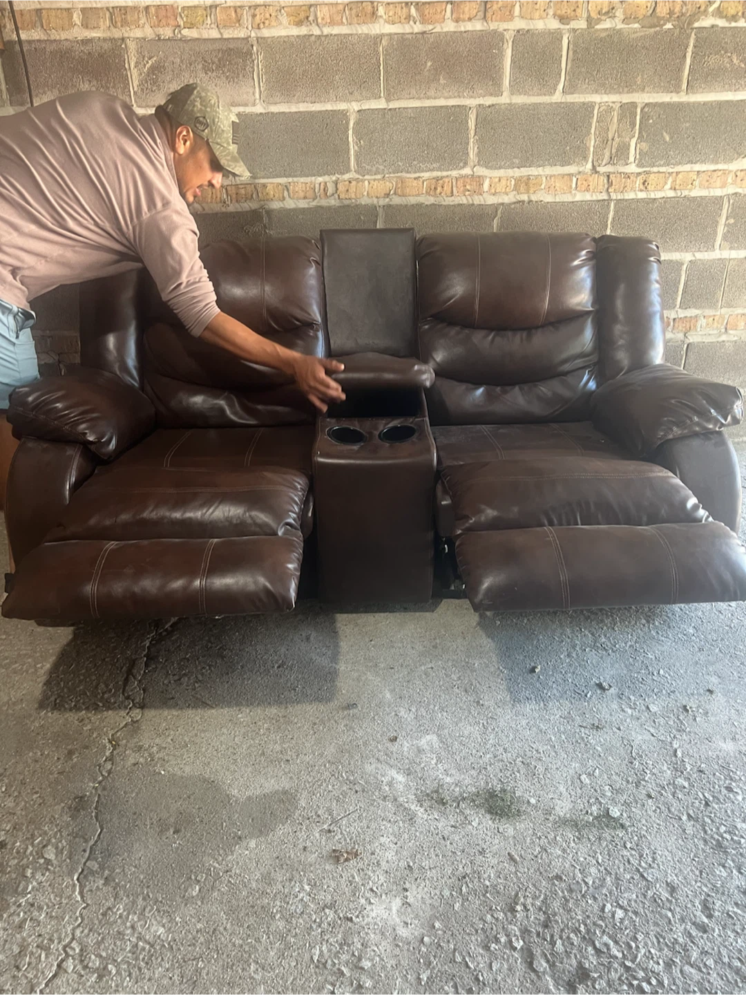 Brown 100% Leather Loveseat Recliner with Cup Holders