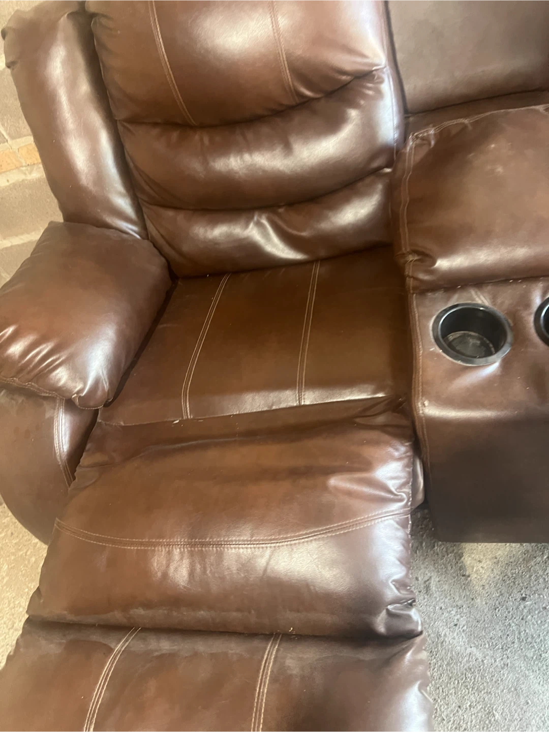 Brown 100% Leather Loveseat Recliner with Cup Holders - photo 2