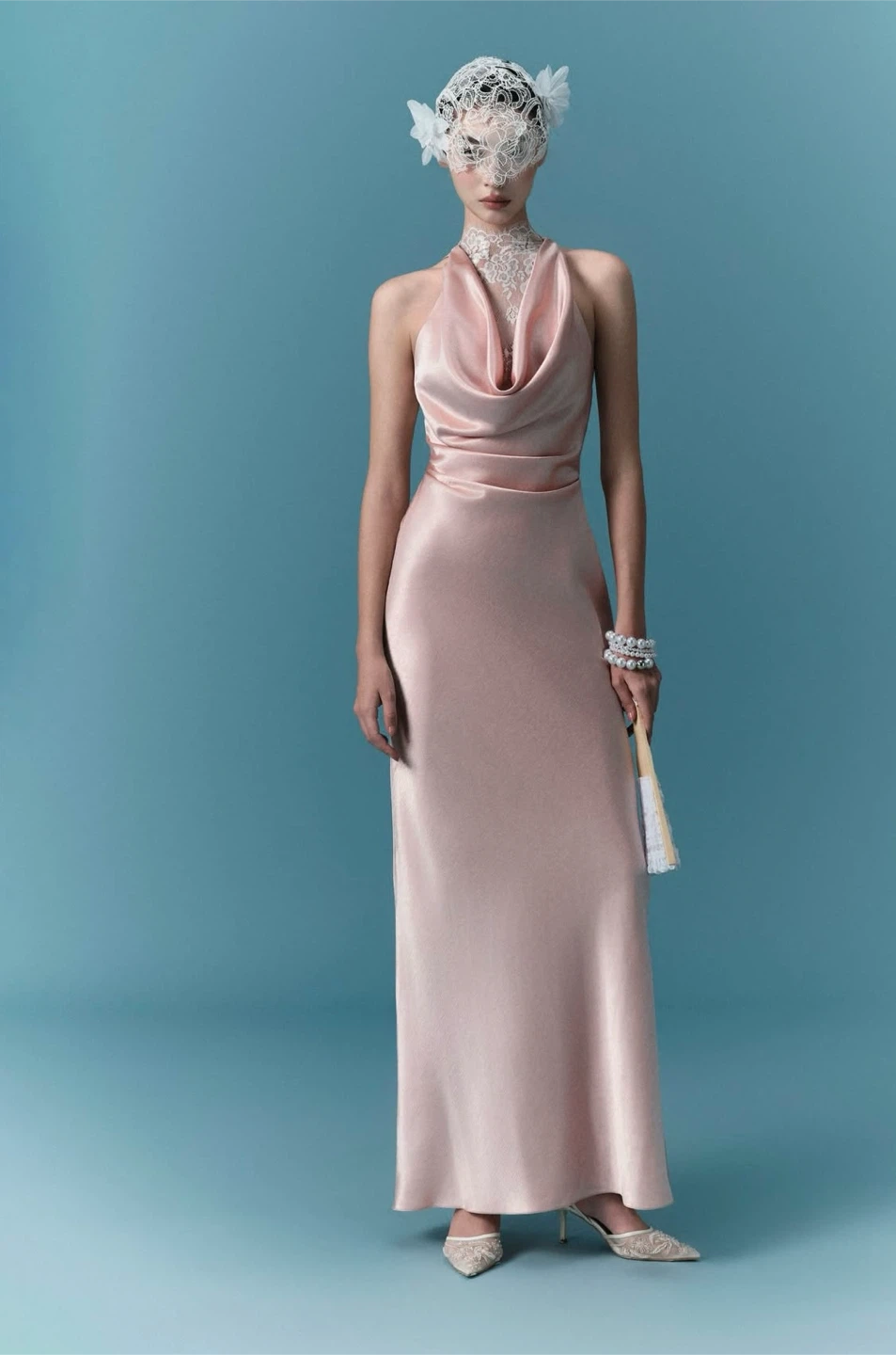 Pink Satin Halter Neck Evening Gown - photo 3