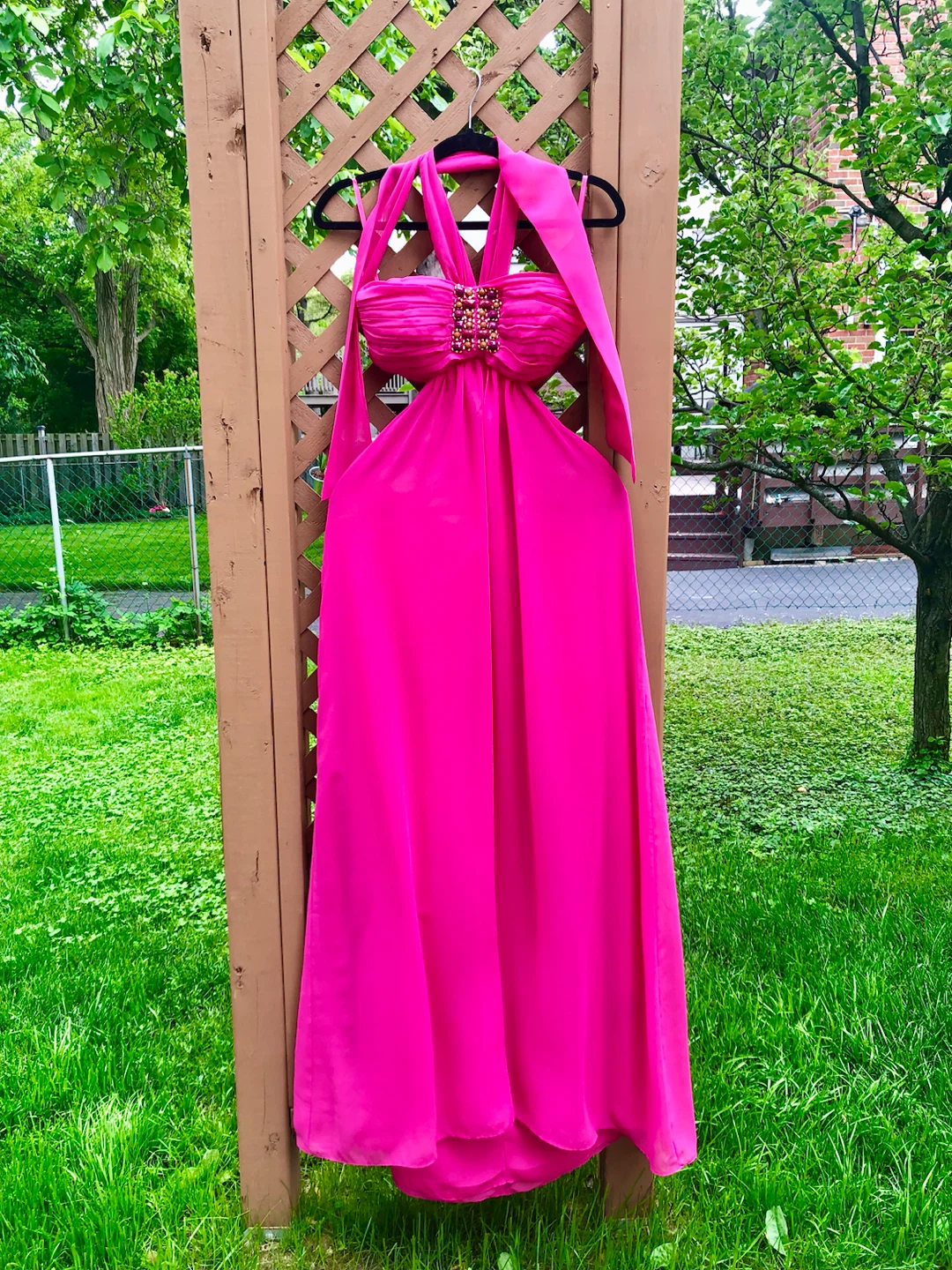 💕Hot Pink Halter Neck Embellished Maxi Dress