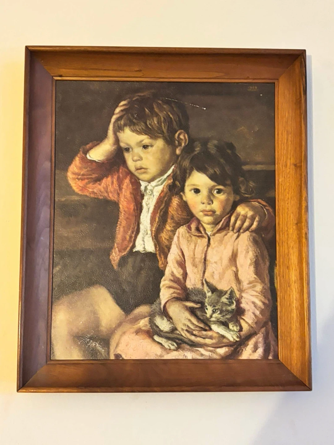 Vintage Oil Painting of Two Children and a Kitten