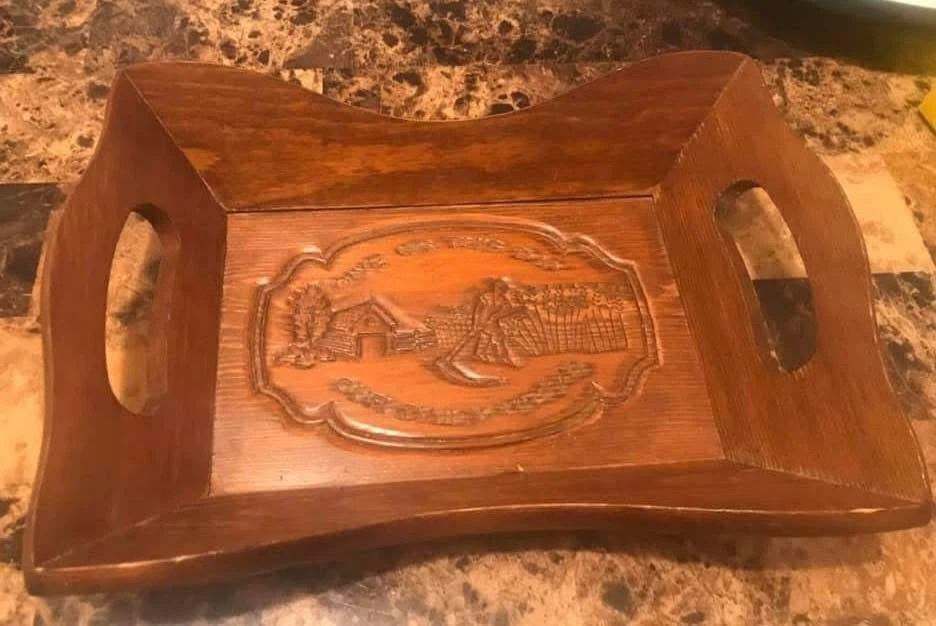 Wooden Serving Tray with Carved Farm Scene
