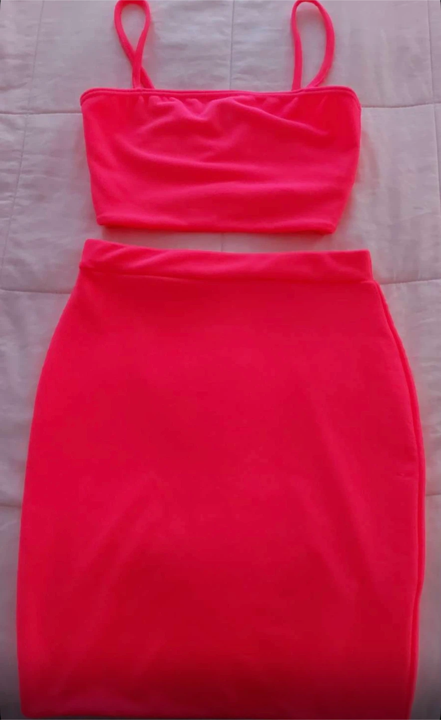 PrettyLittleThing Neon Pink Crop Top & Skirt Set