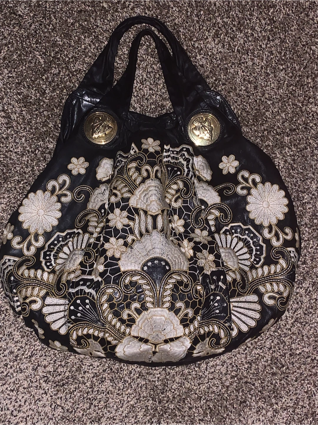 Gucci Black Leather Floral Embroidered Hobo Bag