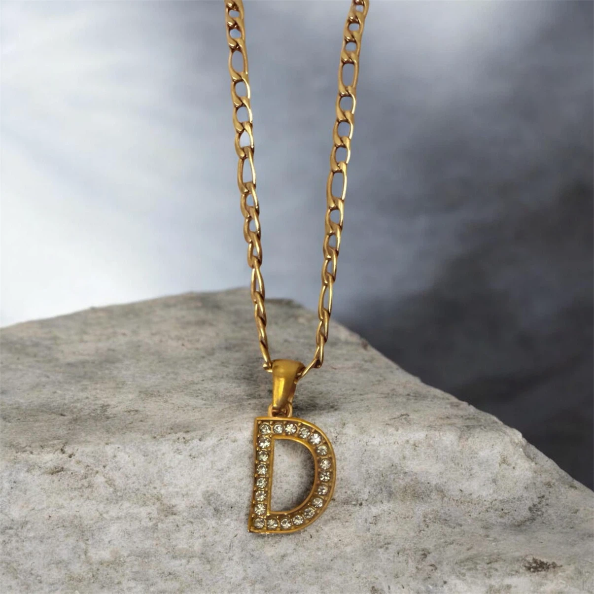 Gold Tone "D" Initial Necklace with Rhinestones