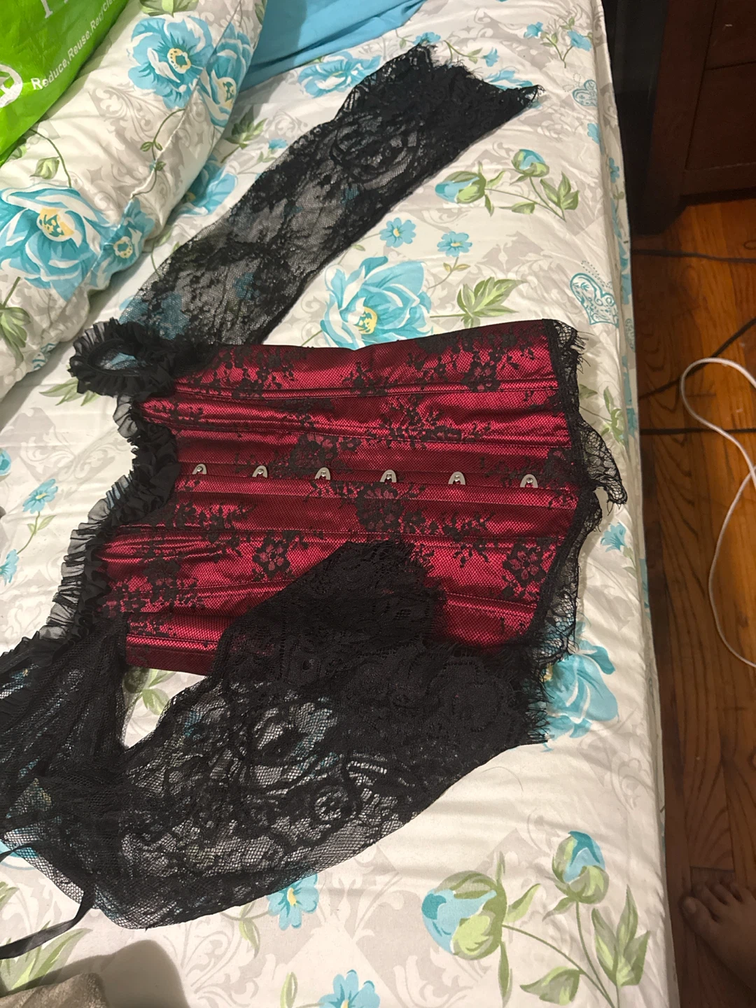 Red and Black Lace Corset with Sleeves