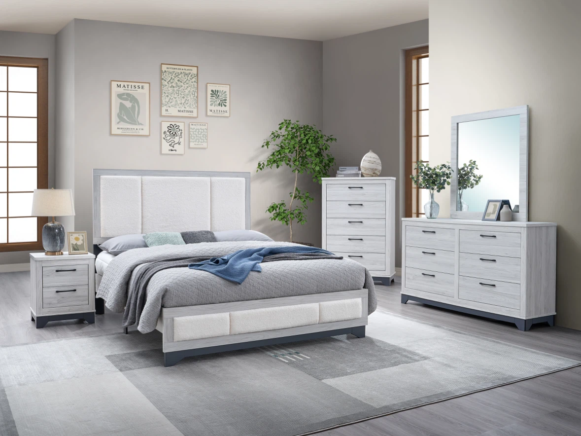 White Fabric Upholstered Headboard Bed Frame