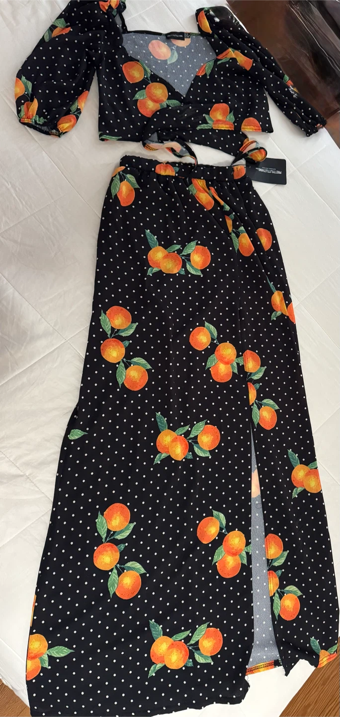 PrettyLittleThing Black Orange Print Crop Top & Maxi Skirt Set