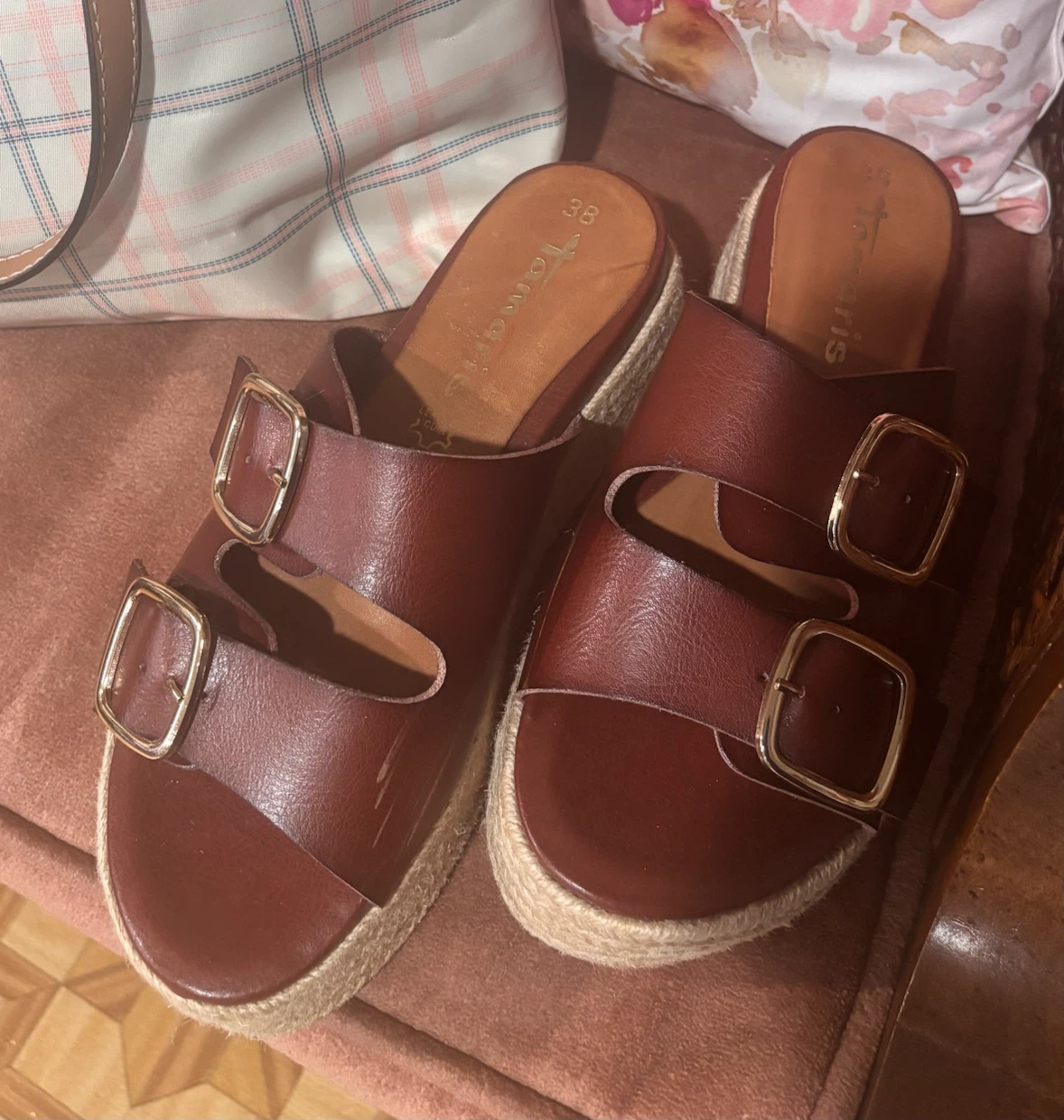 Tamaris Brown Leather Double Buckle Platform Slides Size 38