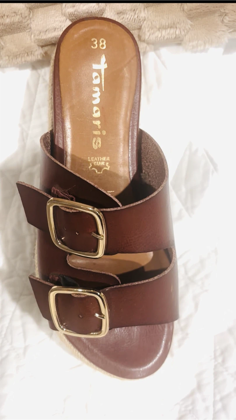 Tamaris Brown Leather Double Buckle Platform Slides Size 38 - photo 2