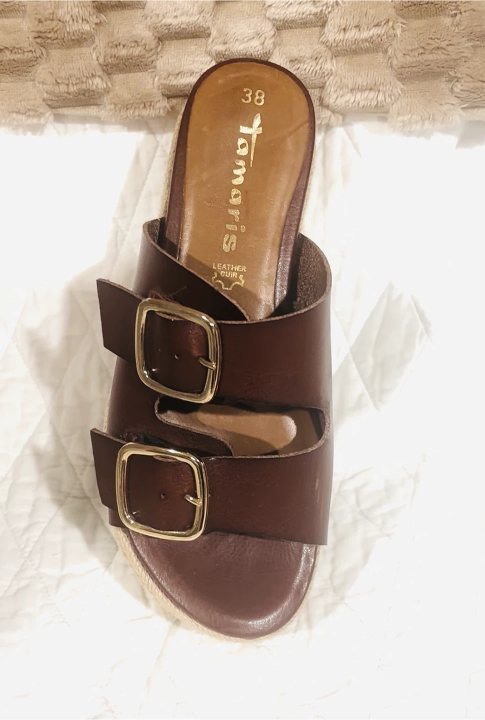 Tamaris Brown Leather Double Buckle Platform Slides Size 38 - photo 3