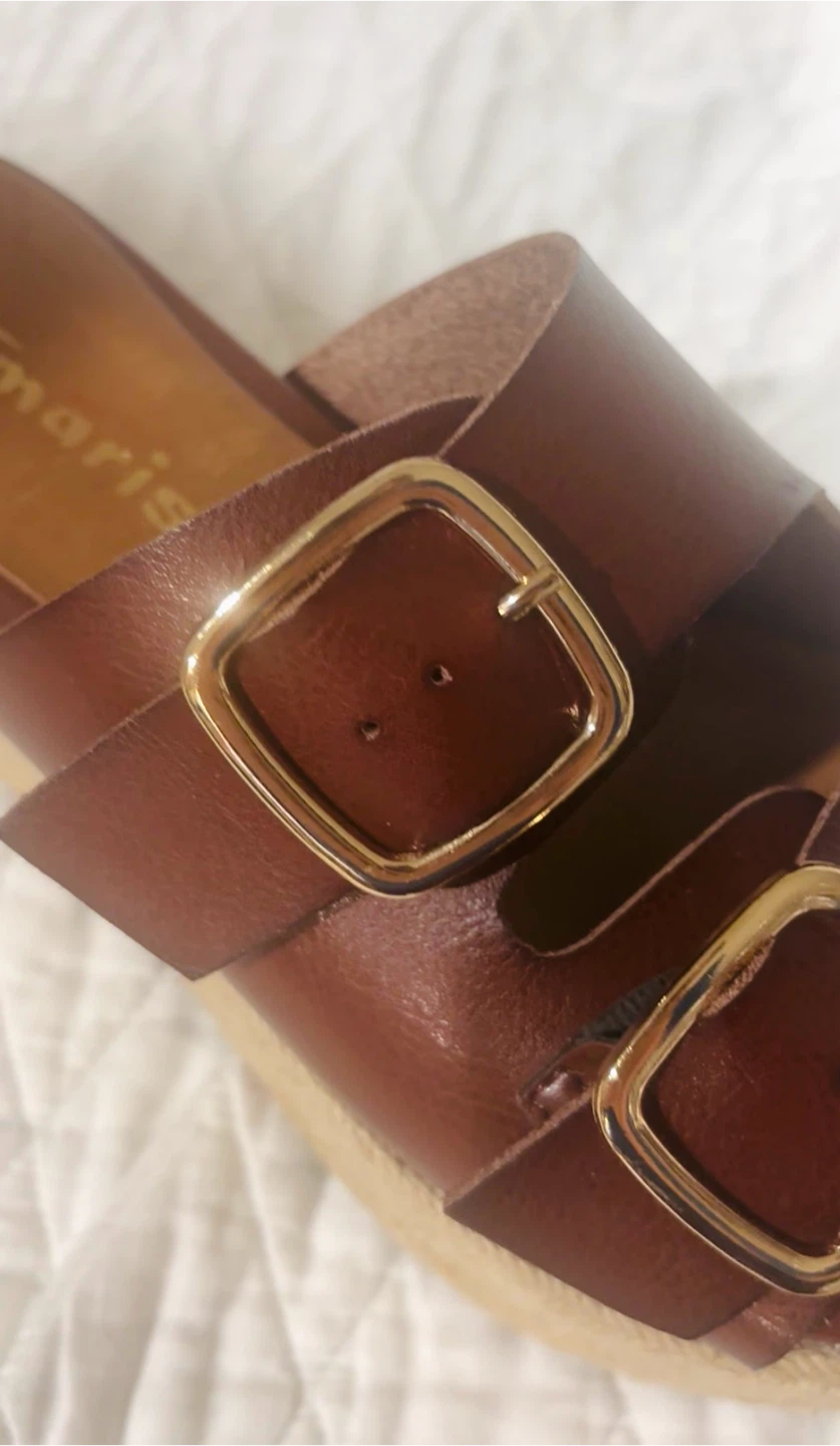 Tamaris Brown Leather Double Buckle Platform Slides Size 38 - photo 5