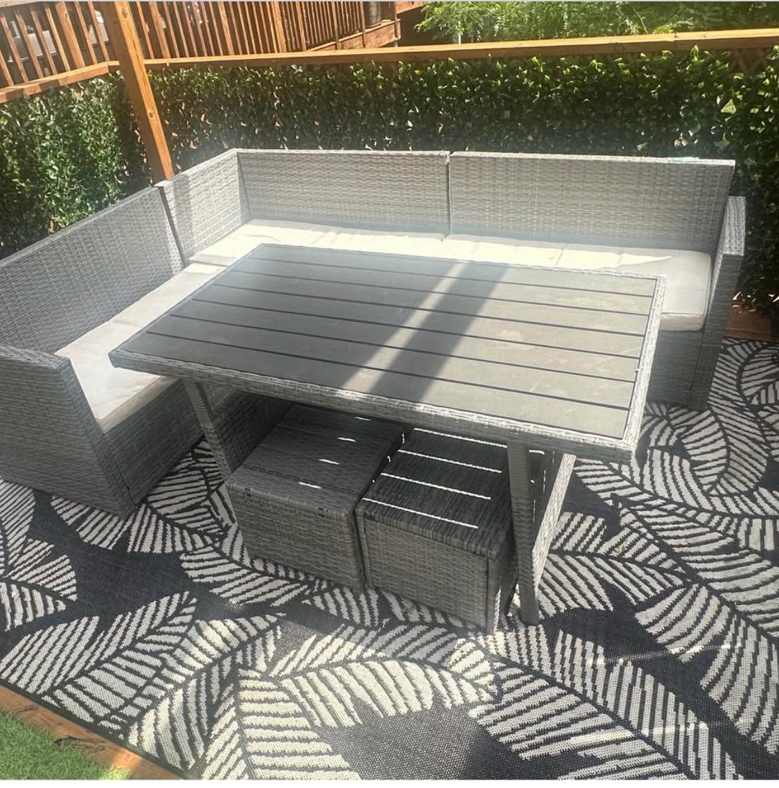 Grey Rattan Corner Sofa Dining Set with Table and Stools