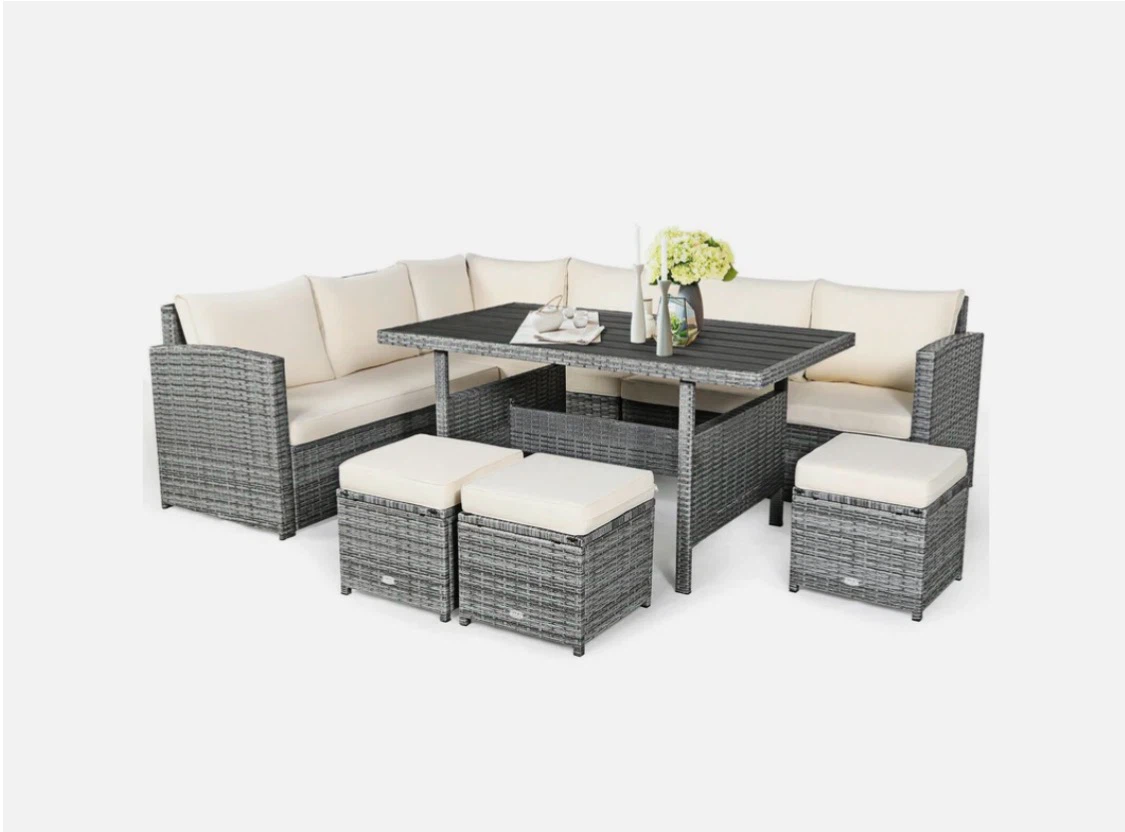 Grey Rattan Corner Sofa Dining Set with Table and Stools - photo 2