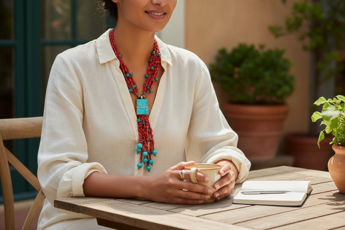 Red Mediterranean Coral and Turquoise Beaded Necklace