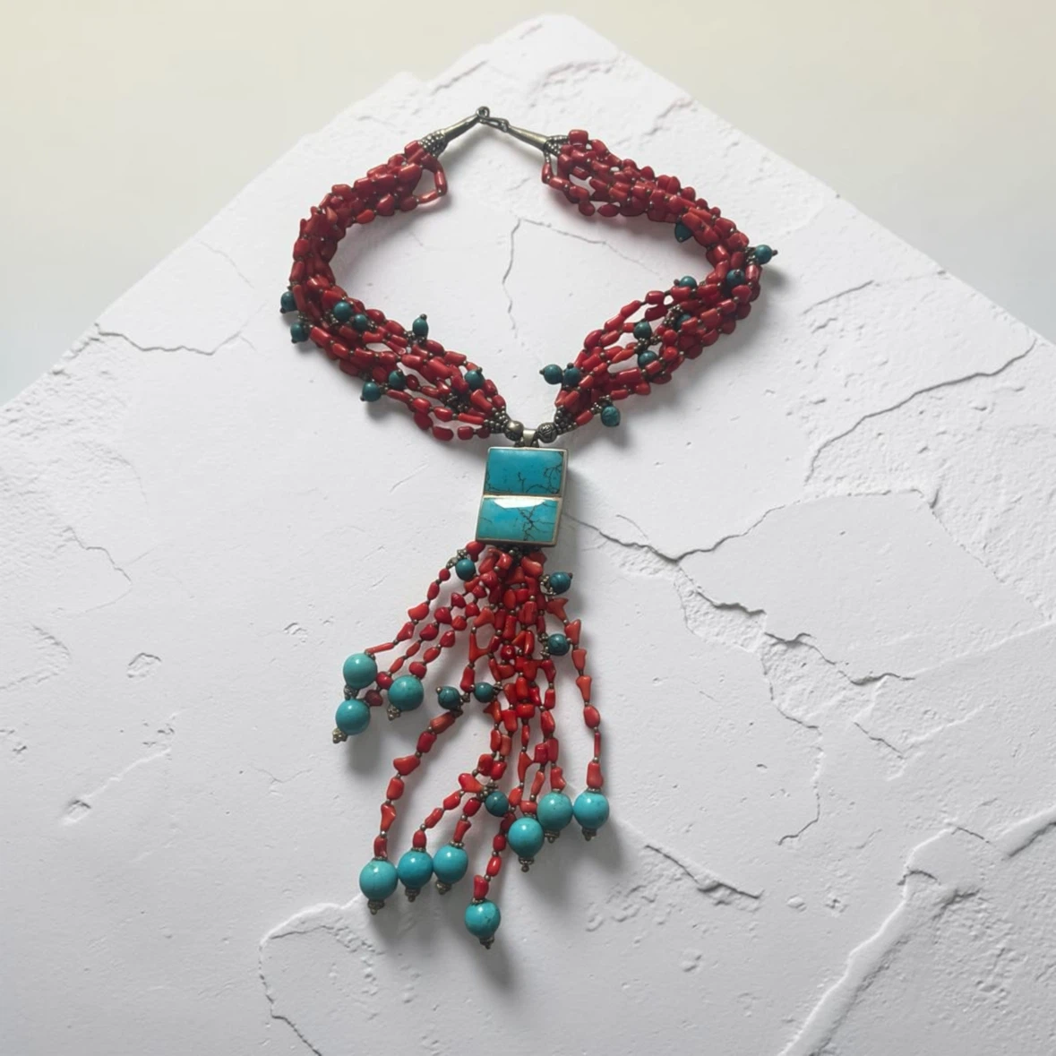 Red Mediterranean Coral and Turquoise Beaded Necklace - photo 3