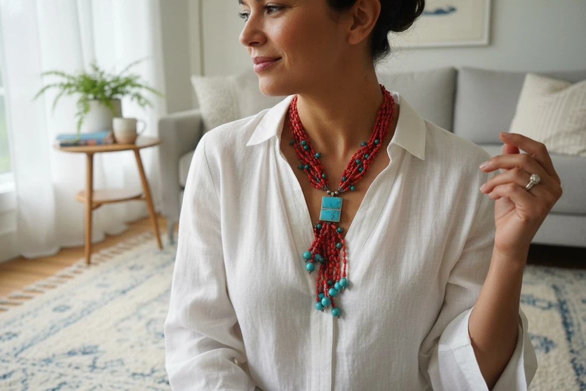 Red Mediterranean Coral and Turquoise Beaded Necklace - photo 2