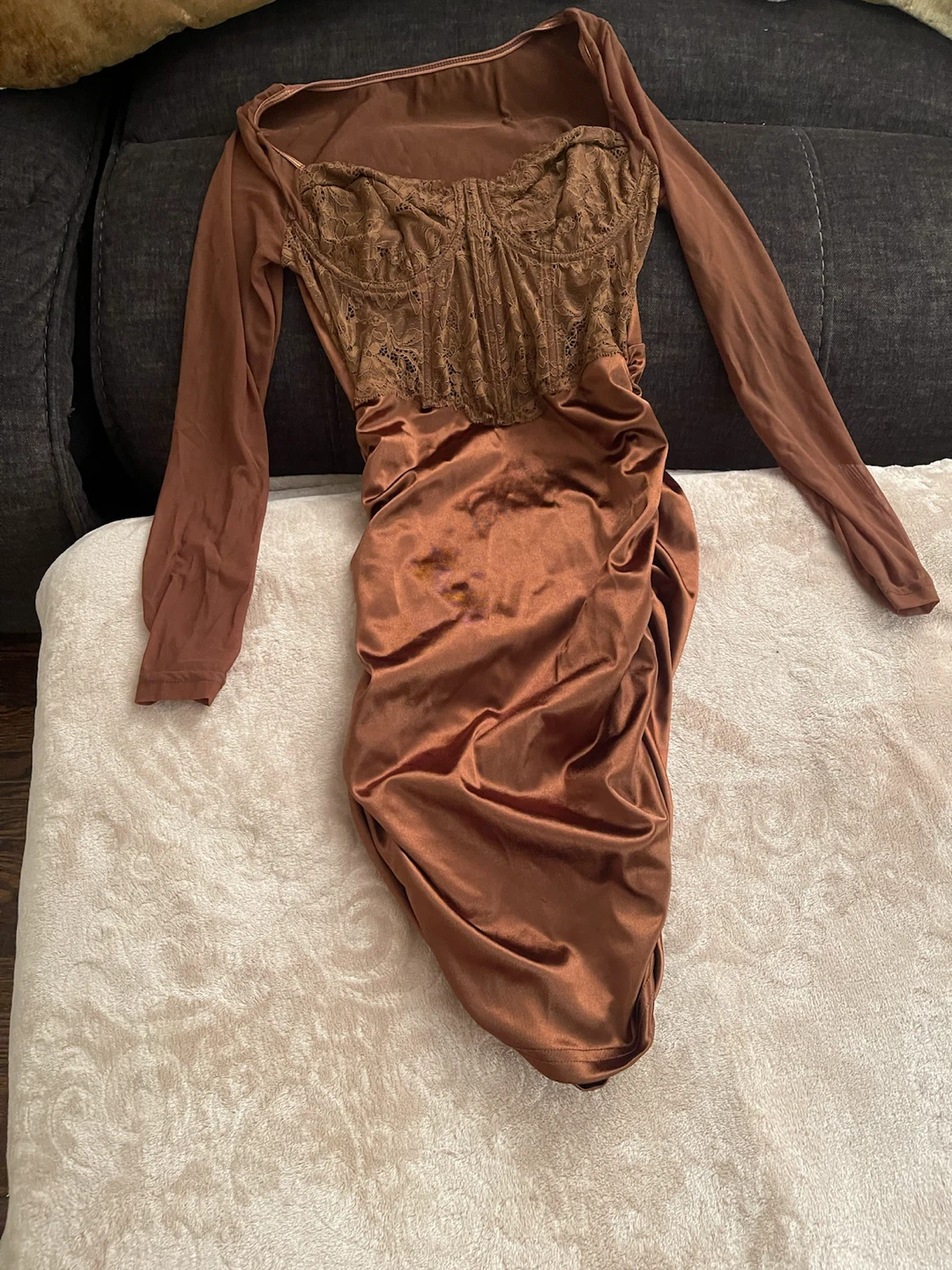 Brown Long Sleeve Ruched Corset Dress