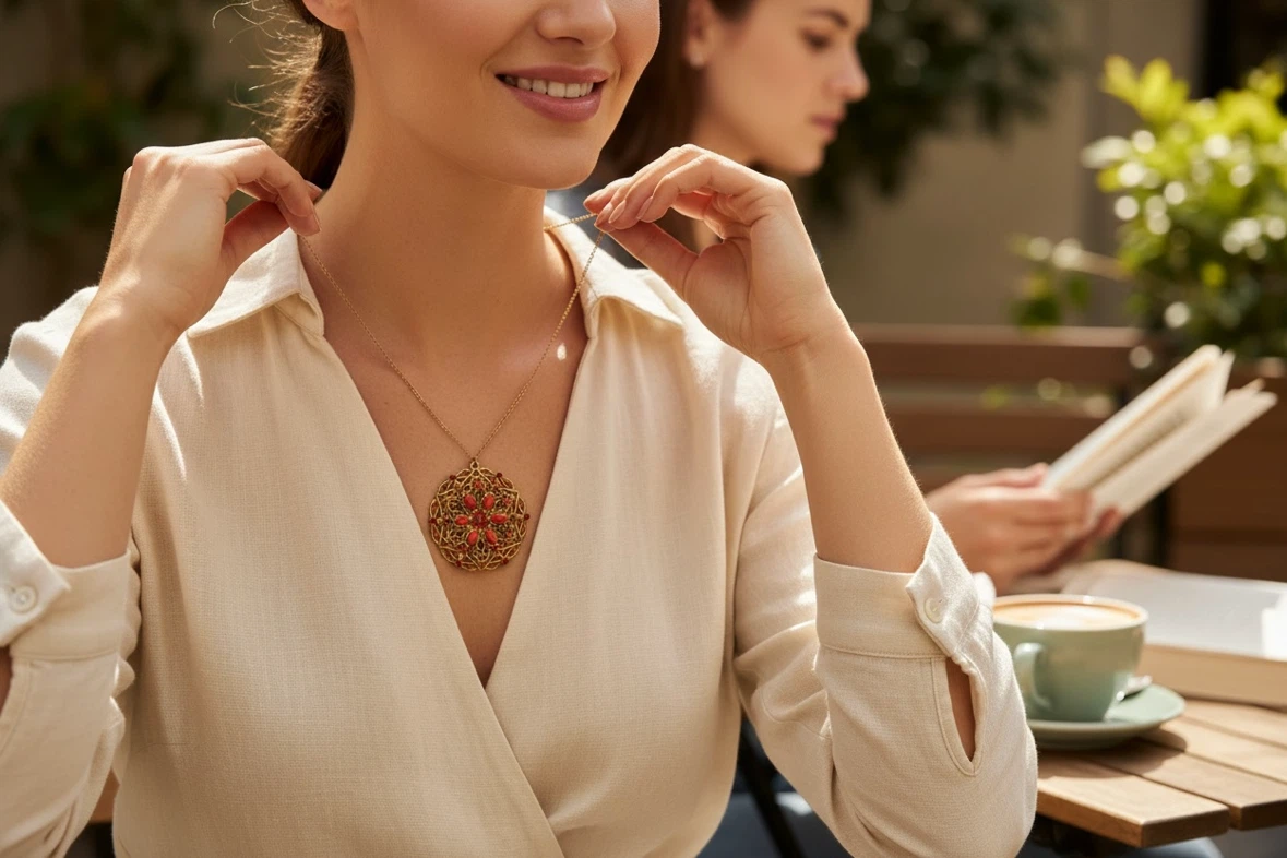Ornate Red and Gold Pendant Necklace - photo 3