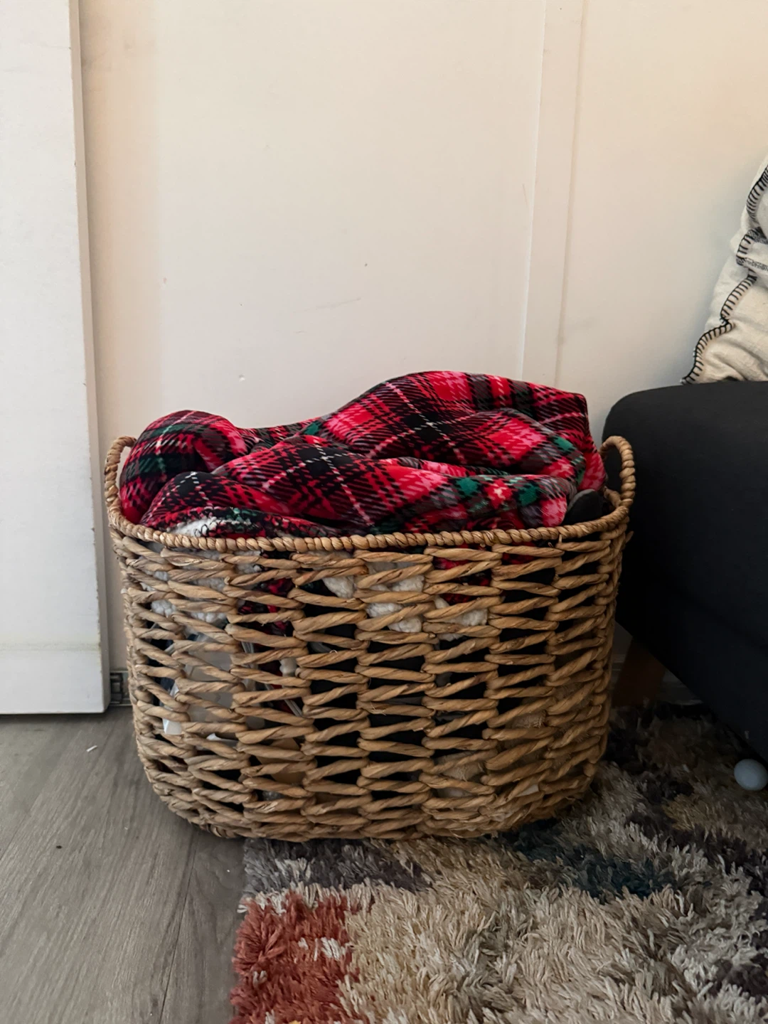 Woven Storage Basket with Plaid Blanket