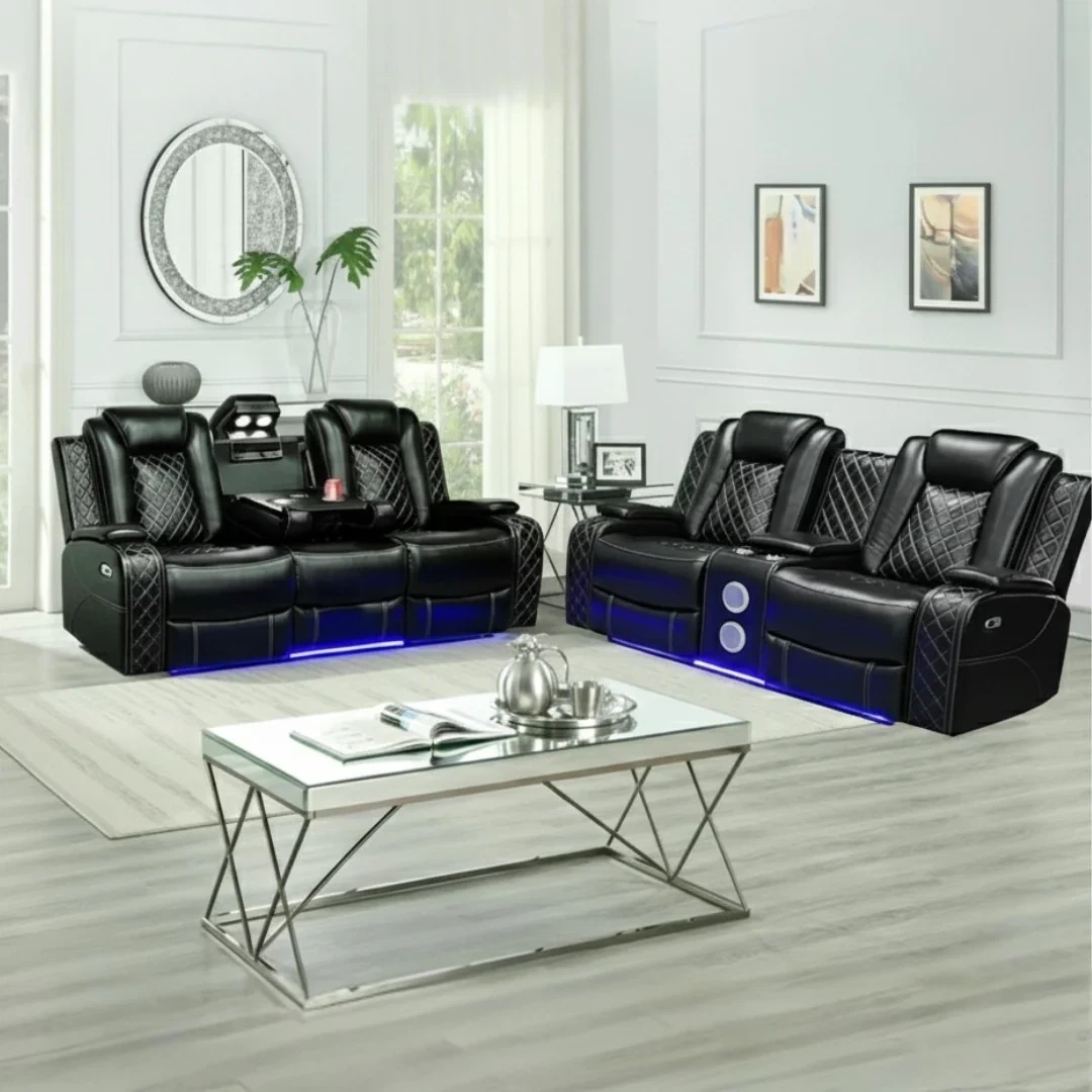 Black Leather Power Reclining Sofa with LED Lights