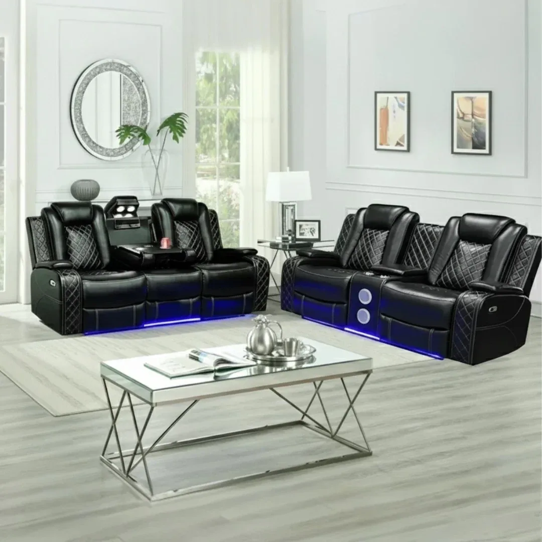 Black Leather Power Reclining Sofa with LED Lights
