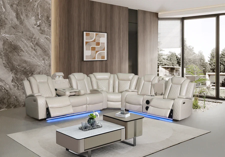 Cream Leather Sectional Recliner Sofa with LED Lights