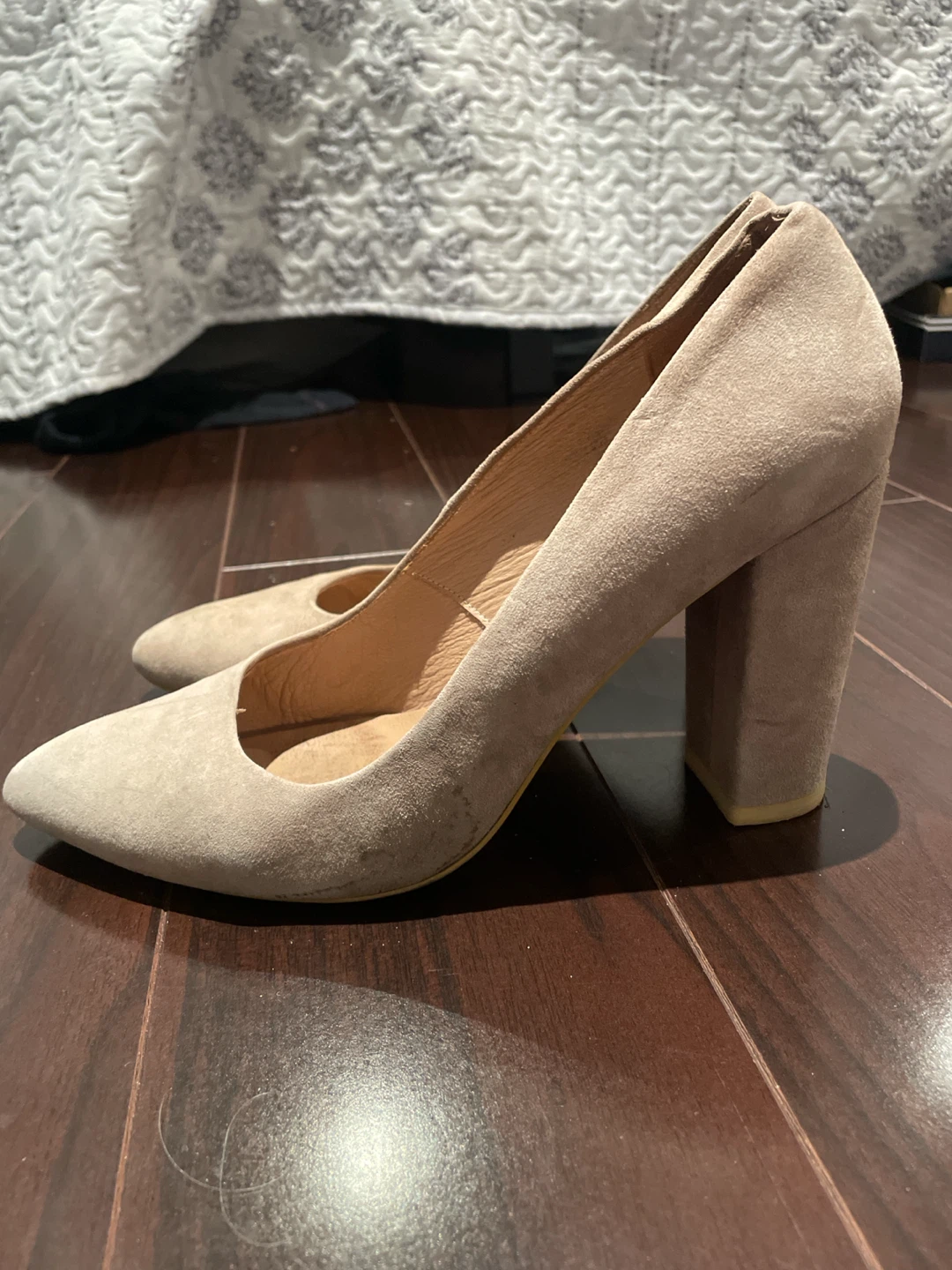Beige Suede Block Heel Pumps