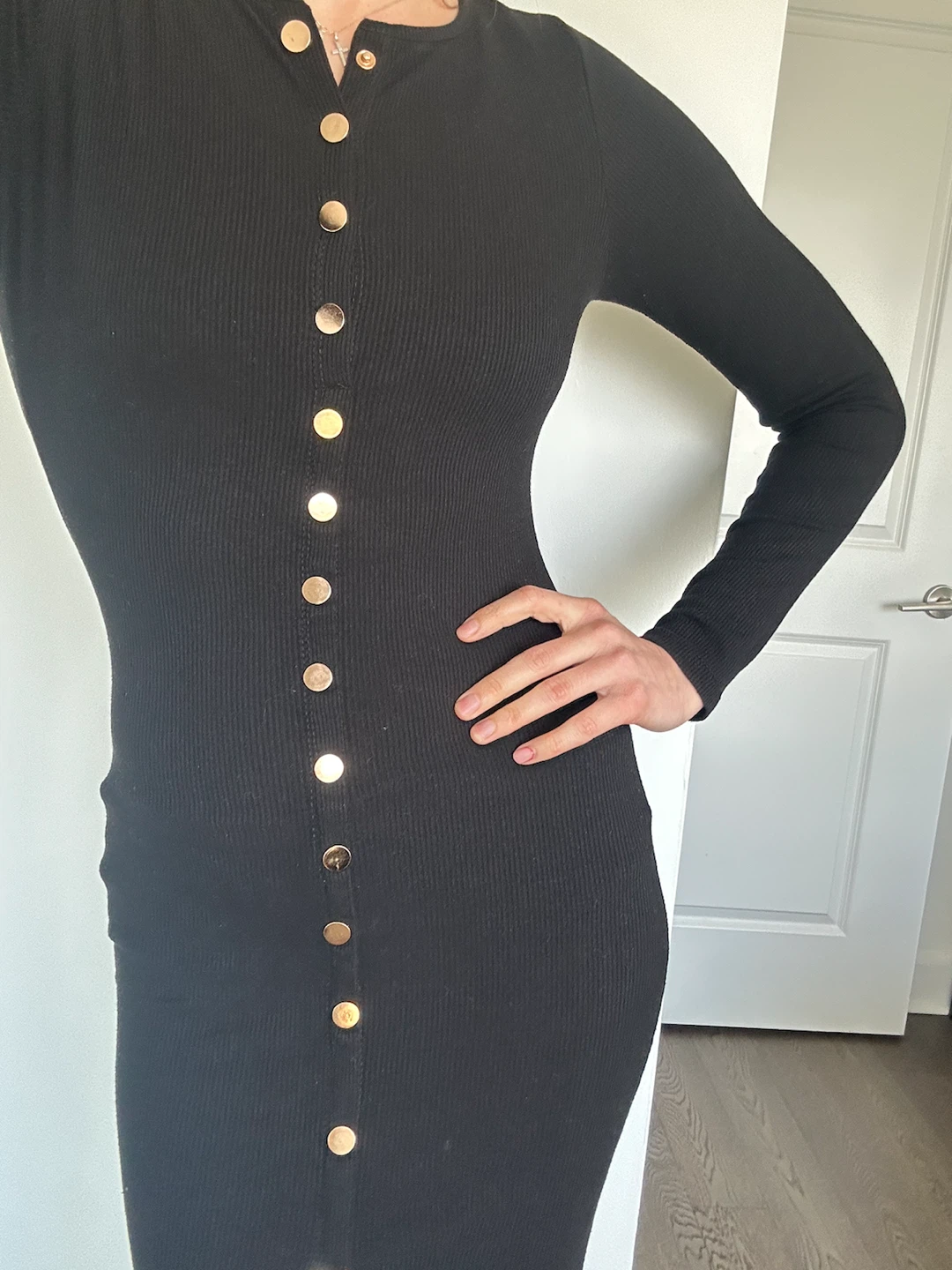 Black Ribbed Button-Up Midi Dress