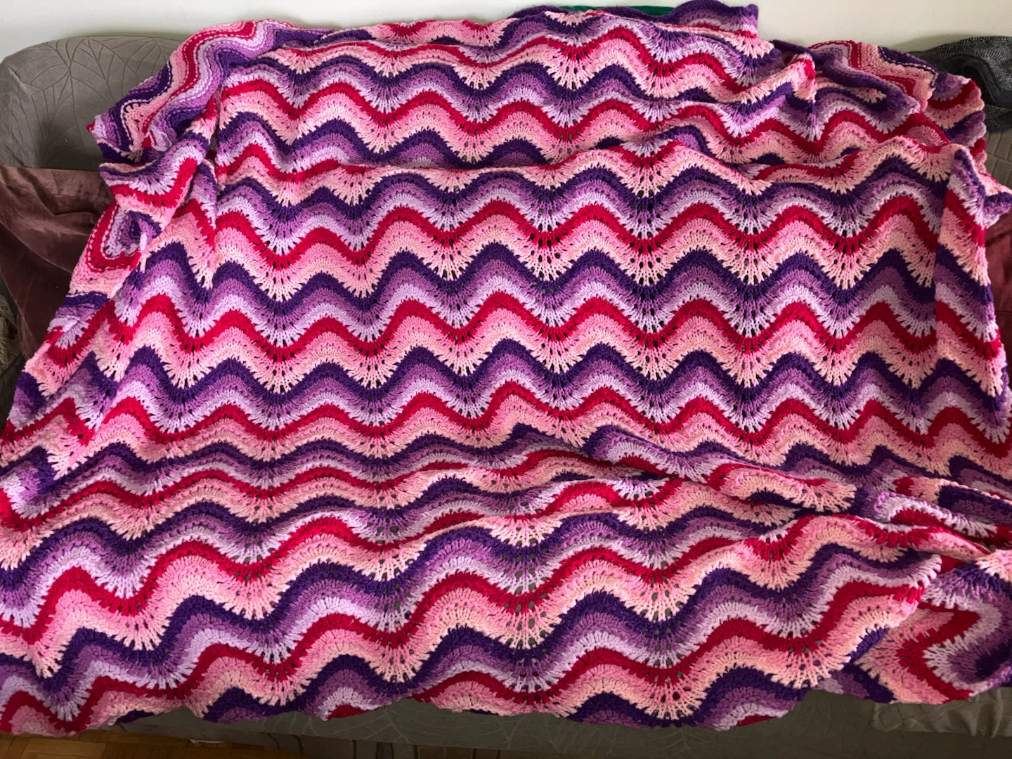 Handmade Pink and Purple Crochet Chevron Blanket-80”x80”