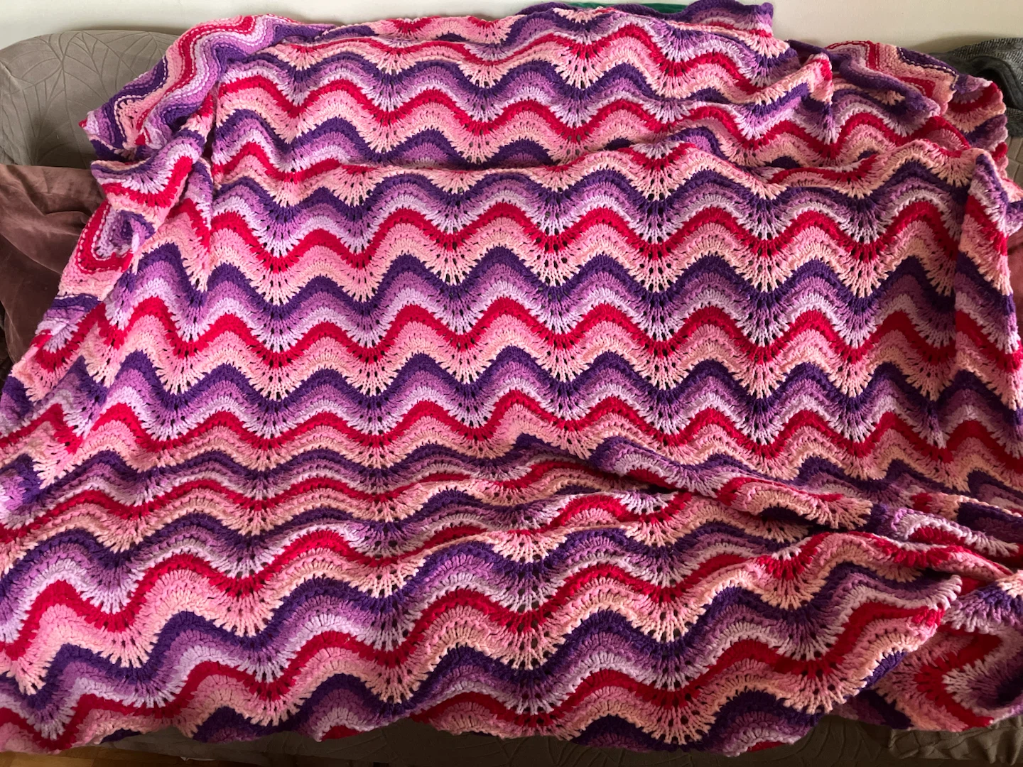 Handmade Pink and Purple Crochet Chevron Blanket-80”x80” - photo 2