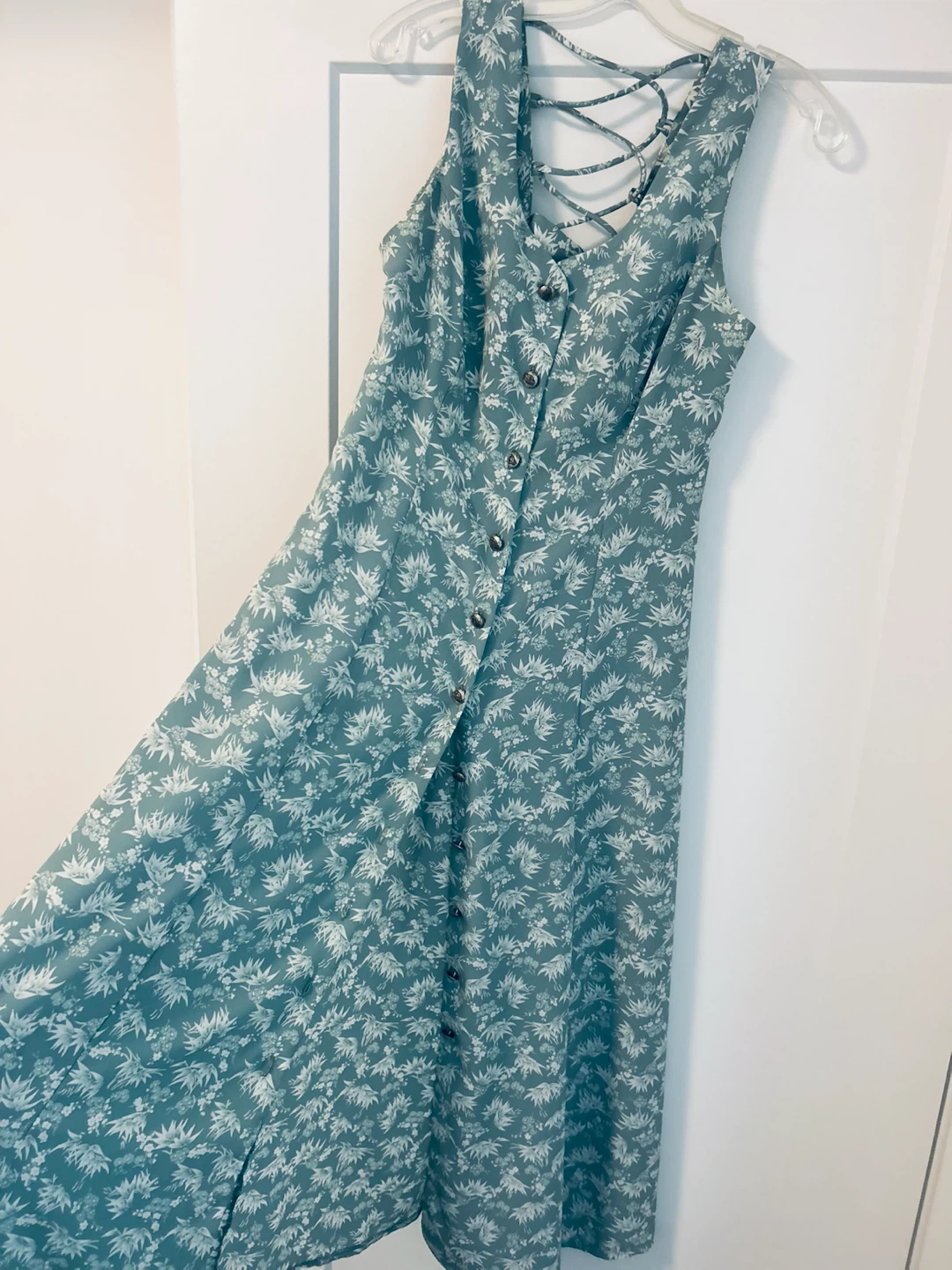 Floral Print Button-Up Midi Dress with Lace-Up Back