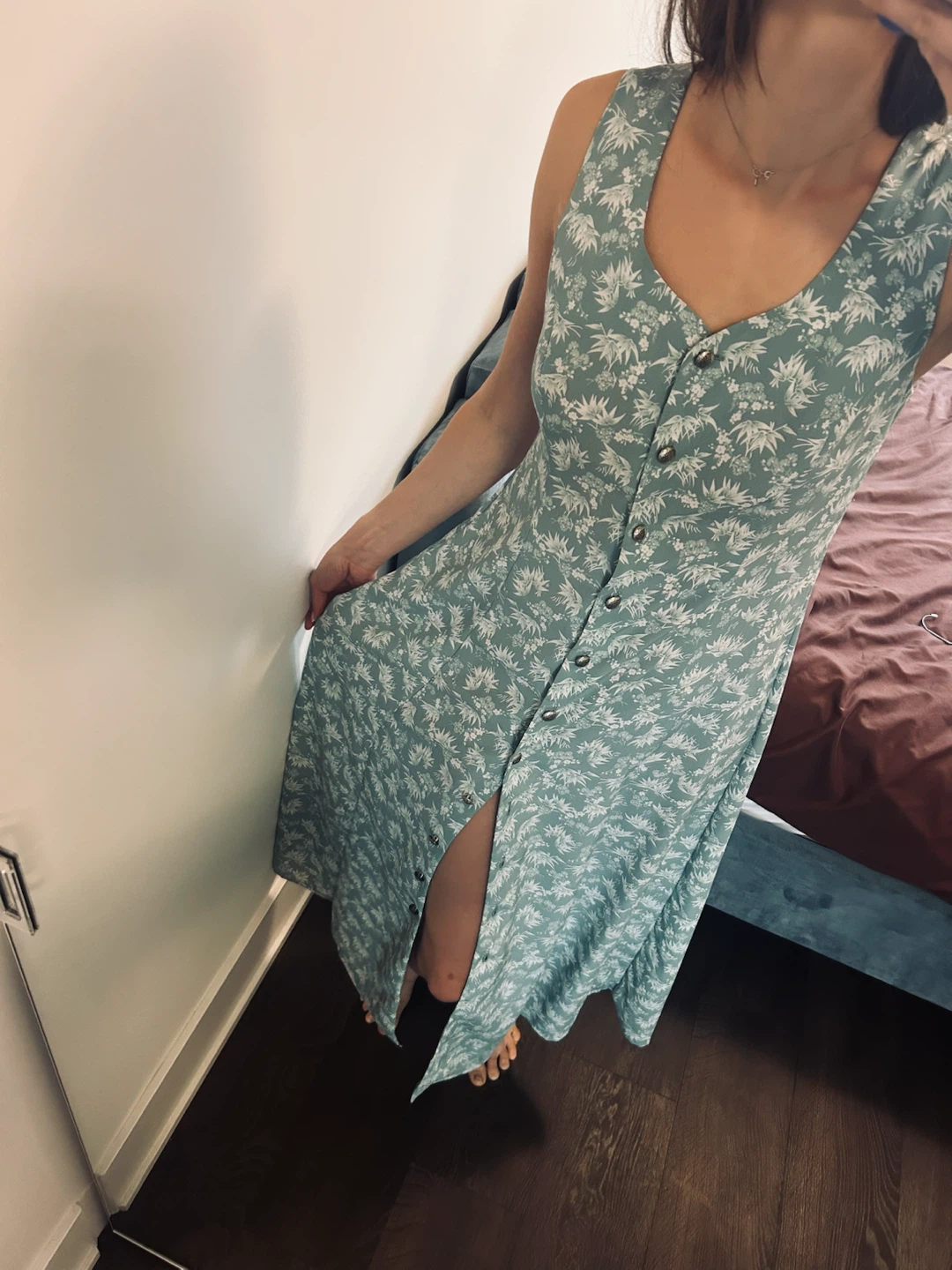 Floral Print Button-Up Midi Dress with Lace-Up Back - photo 2