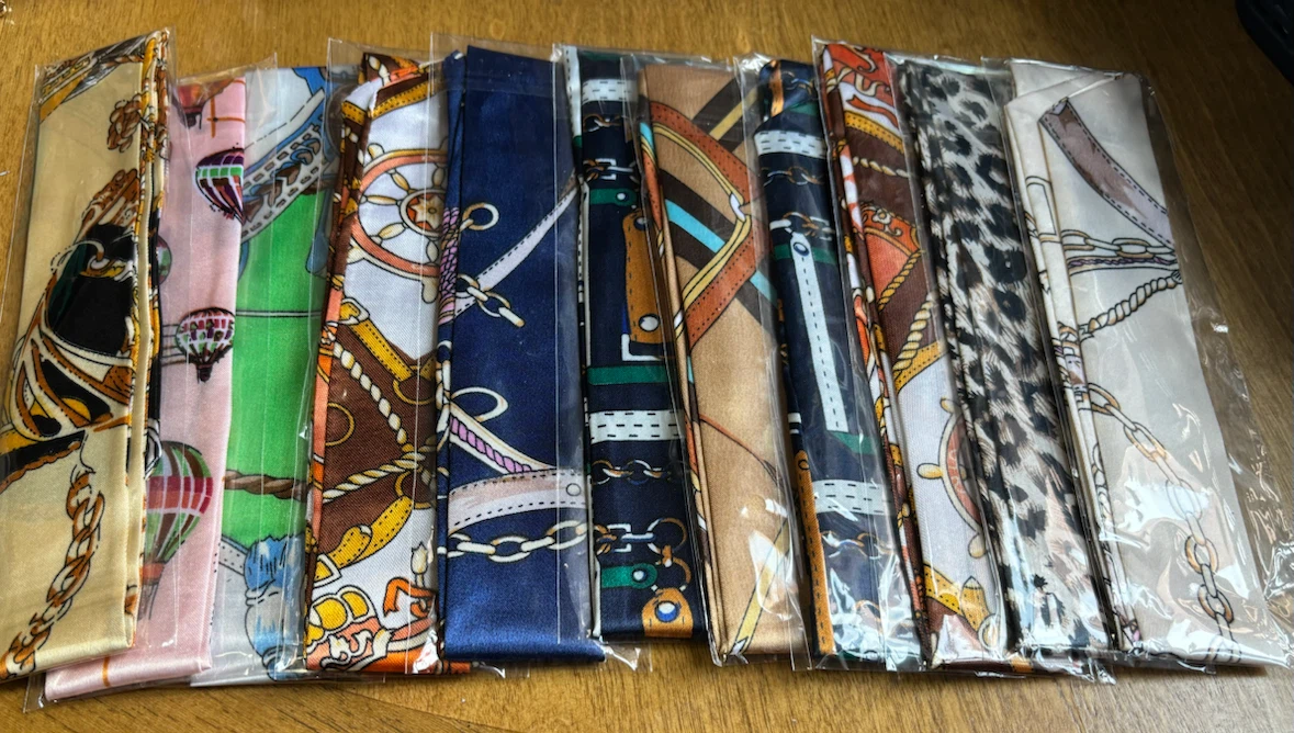 NEW-Lot of 11 Satin Scarves/Hair Ties- Various Prints