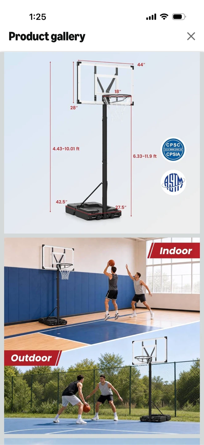 Adjustable Basketball Hoop System 44" Backboard