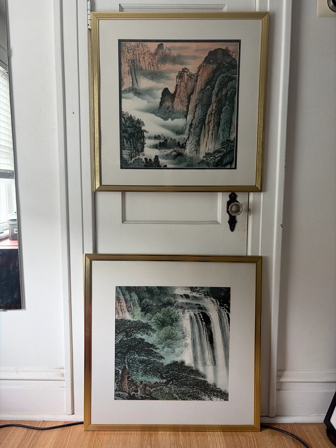 Pair of Chinese Shan Shui Art Prints in Brass-Finish Frames