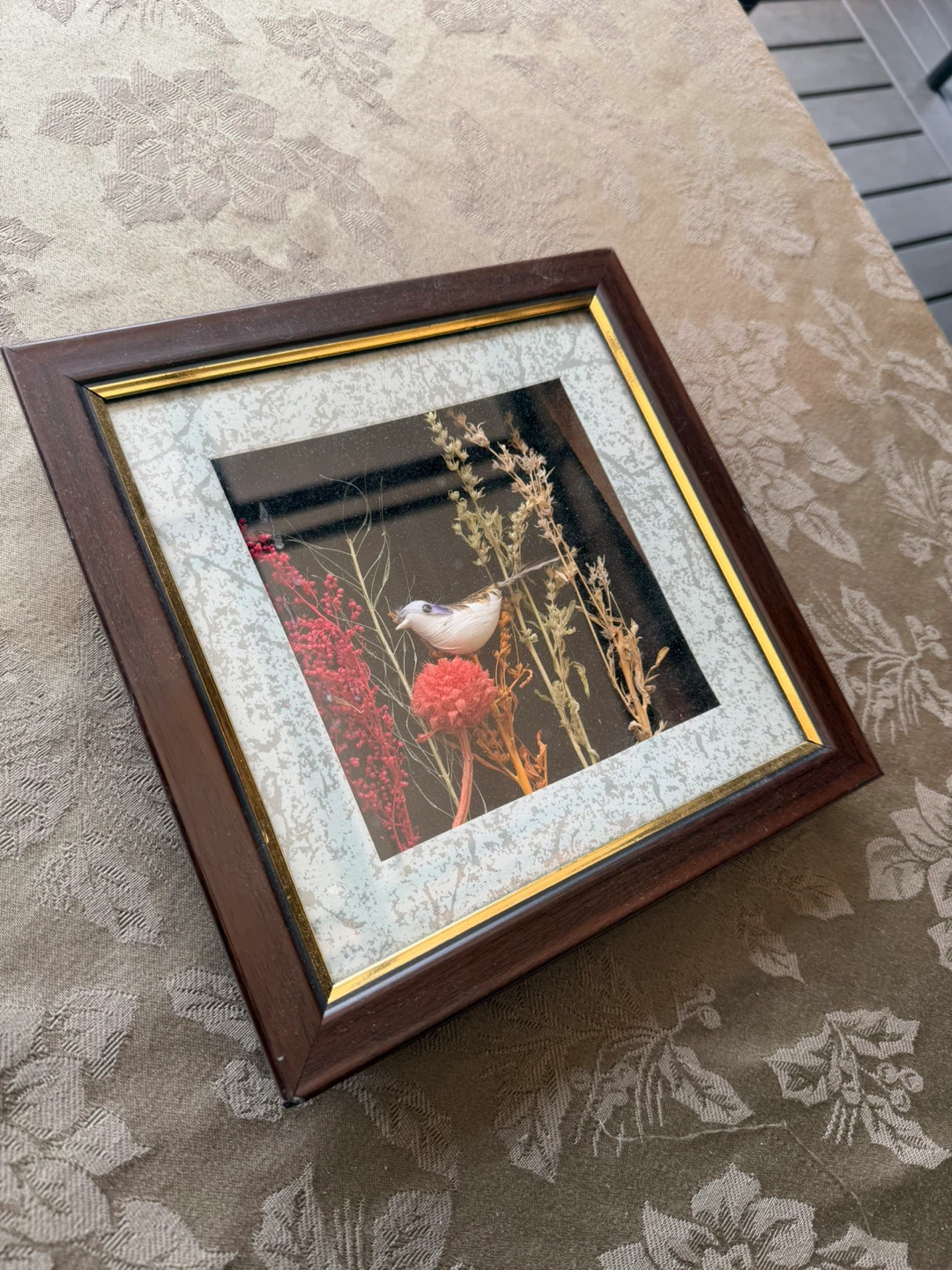 Shadow box frame  with bird and dried flowers