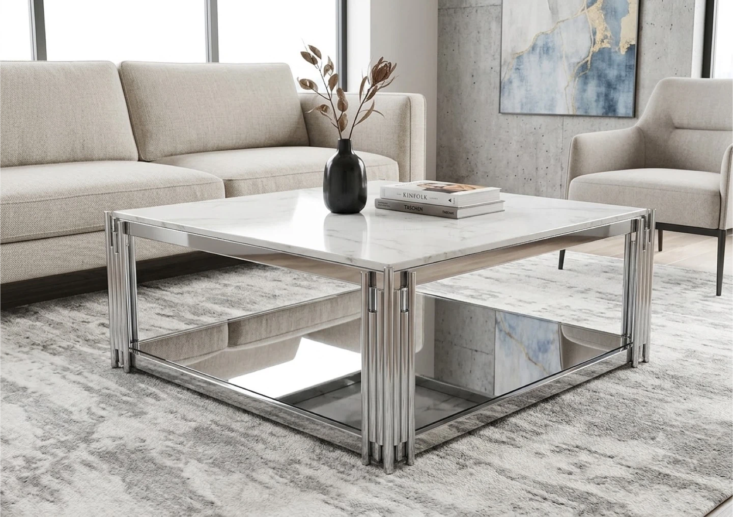 Square Coffee Table - White Marble Top, Chrome Legs - photo 3