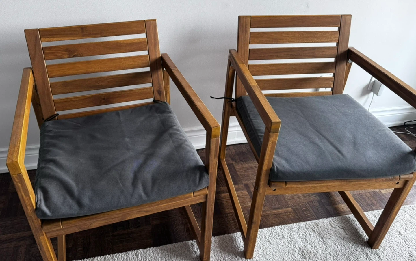 2 Outdoor Wooden Armchairs with Cushions – Excellent Condition
