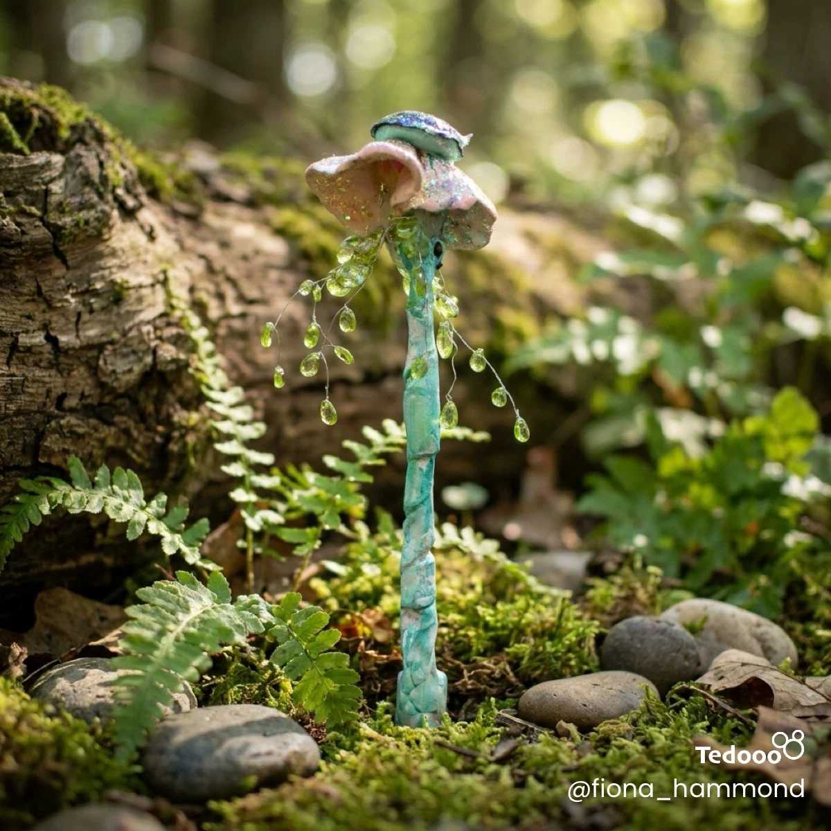 Handmade Ceramic Mushroom Wand with Green Beads